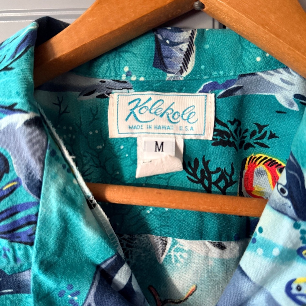 Kolekole Vintage Mens Hawaiian Marine Life Aloha Shirt, Teal, M - Picture 2 of 12